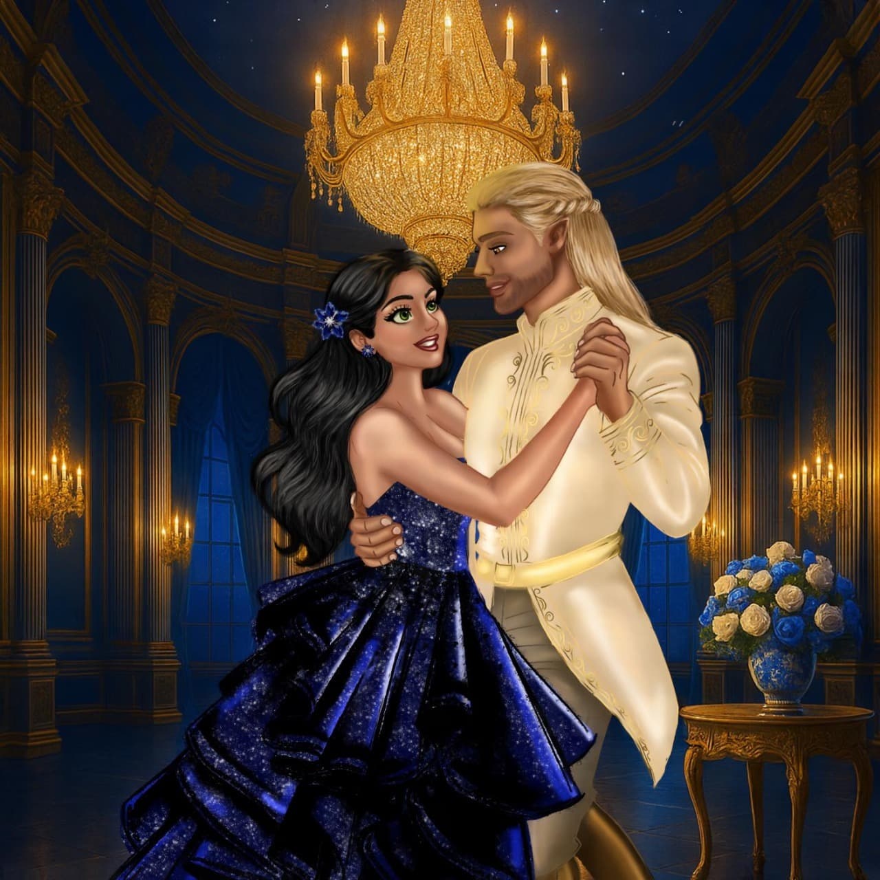 Illustration of a couple dressed in formal ballroom attire.