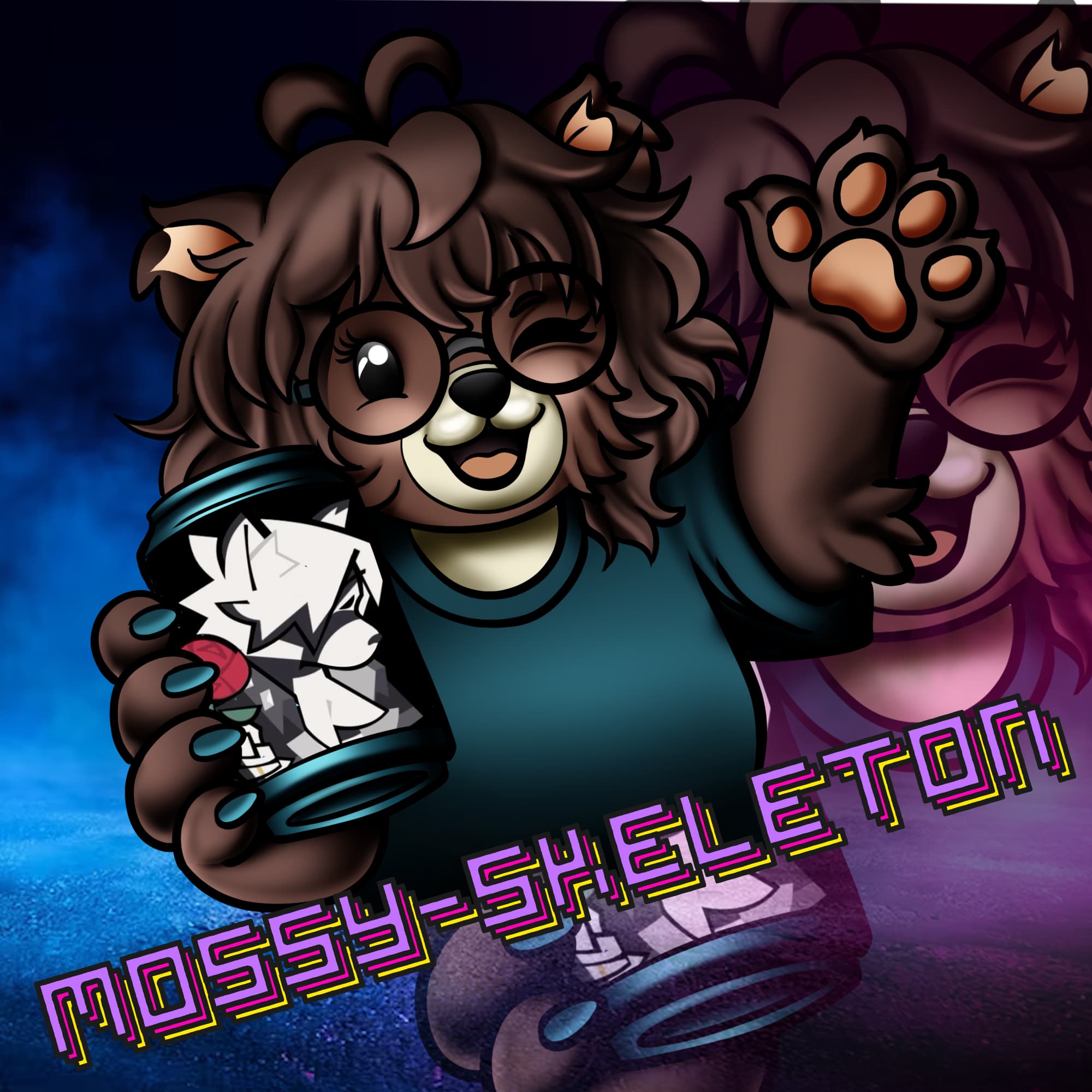 Mascot logo illustration of a bear character holding a skeleton plush.