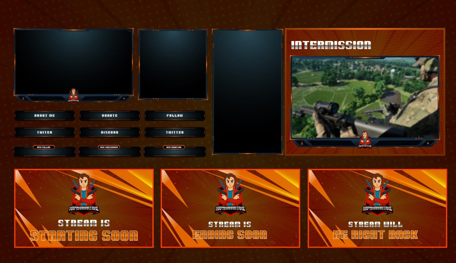 Illustration of a stream overlay design with character portrait panels.