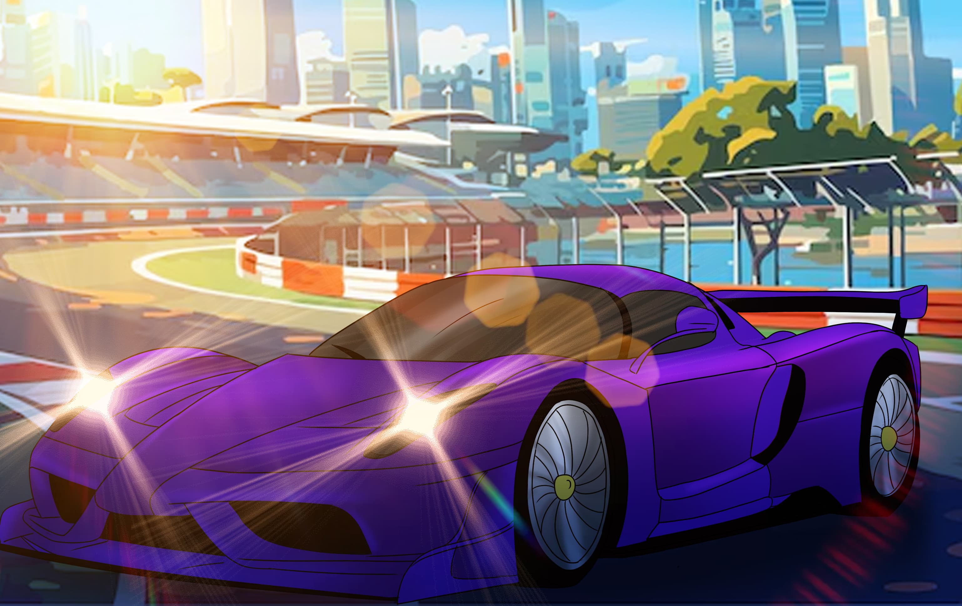 Colored line-art illustration of a purple sports car in a city setting.