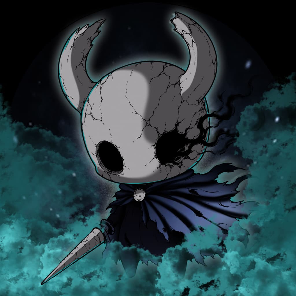 Illustration of a white horned skull-like creature on a dark background.