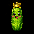 Pixel art emote of a smiling pickle character wearing a gold crown