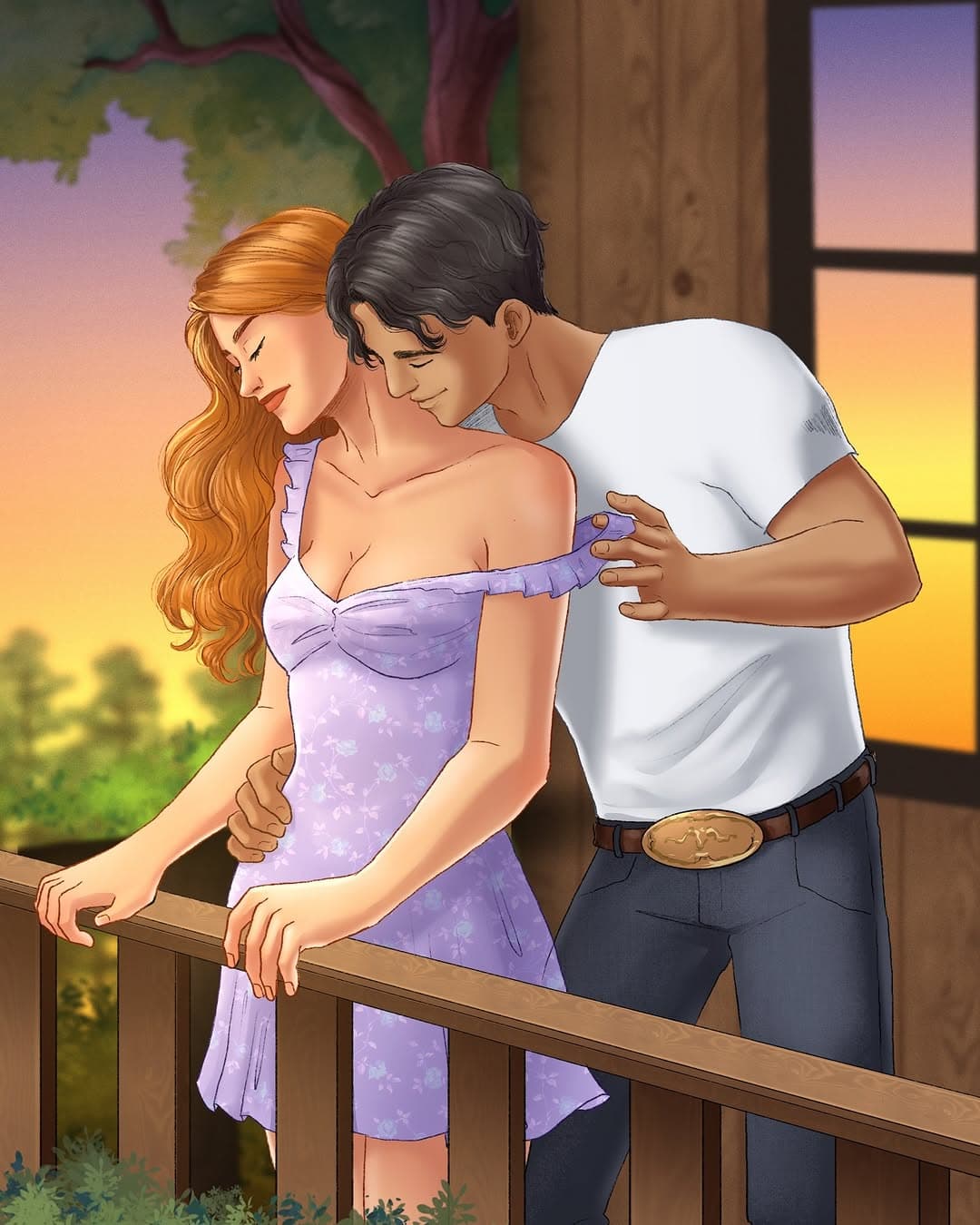 Digital illustration featuring sunset couple portrait.