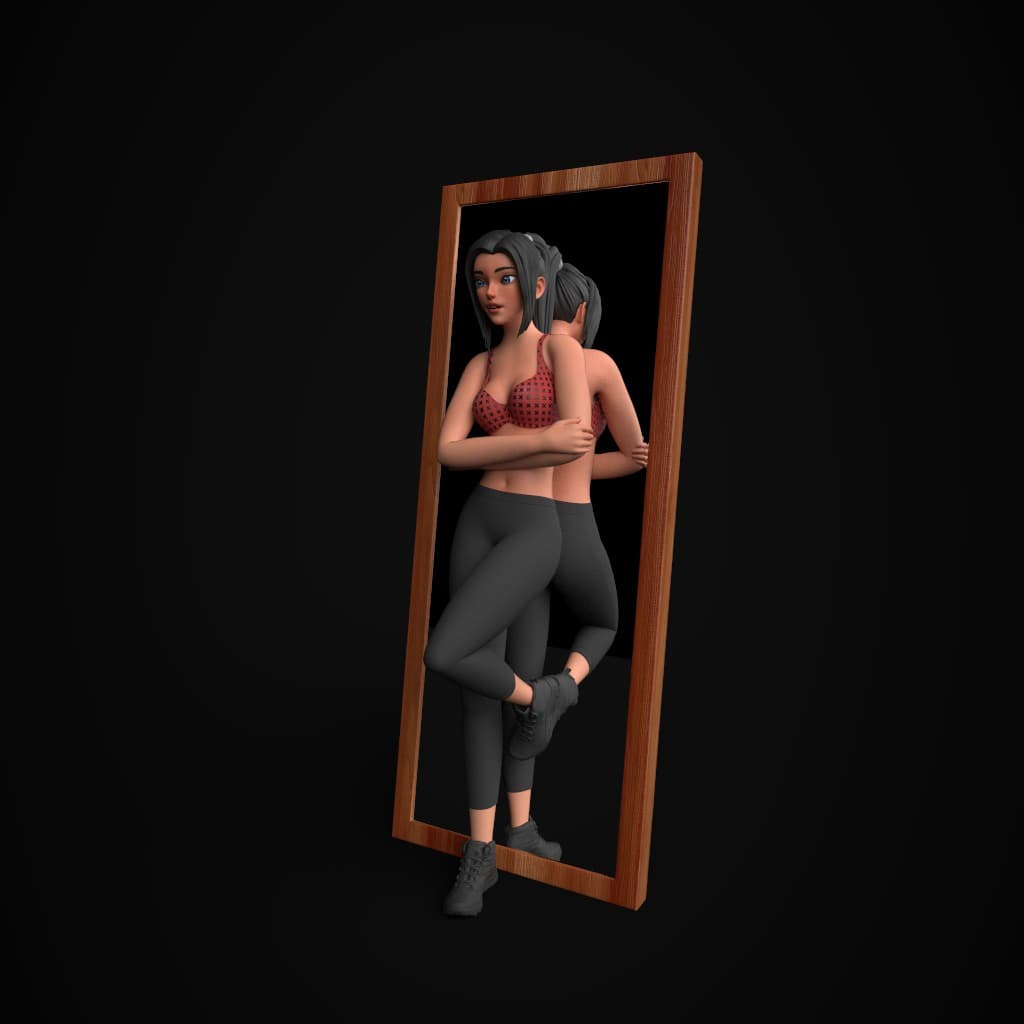 Digital 3d art featuring 3D mirror portrait.