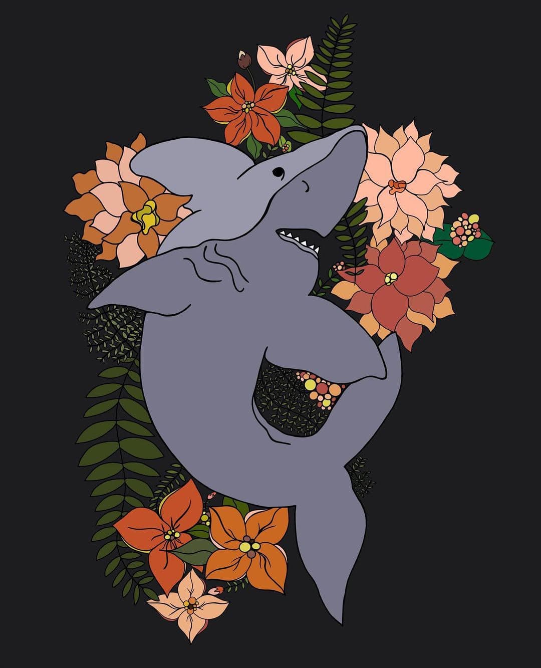 Flat illustration of a grey shark smiling, surrounded by pink and orange botanical flowers