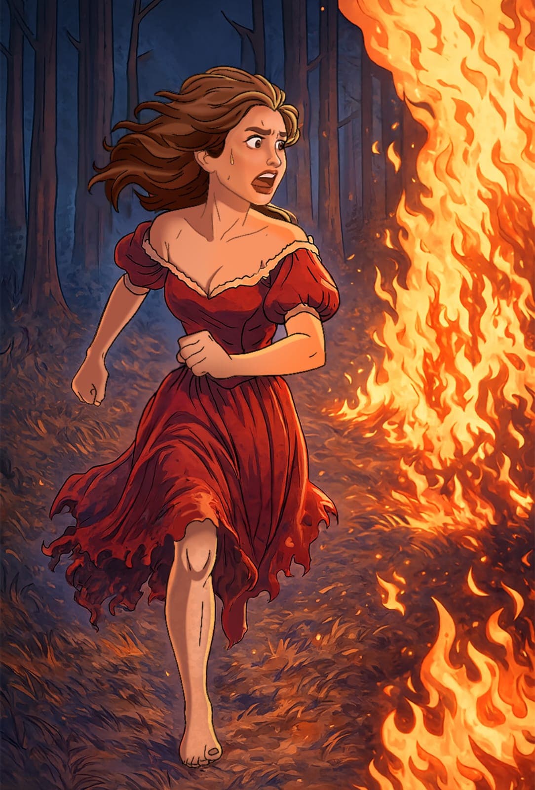 Digital characters featuring woman in firelight.