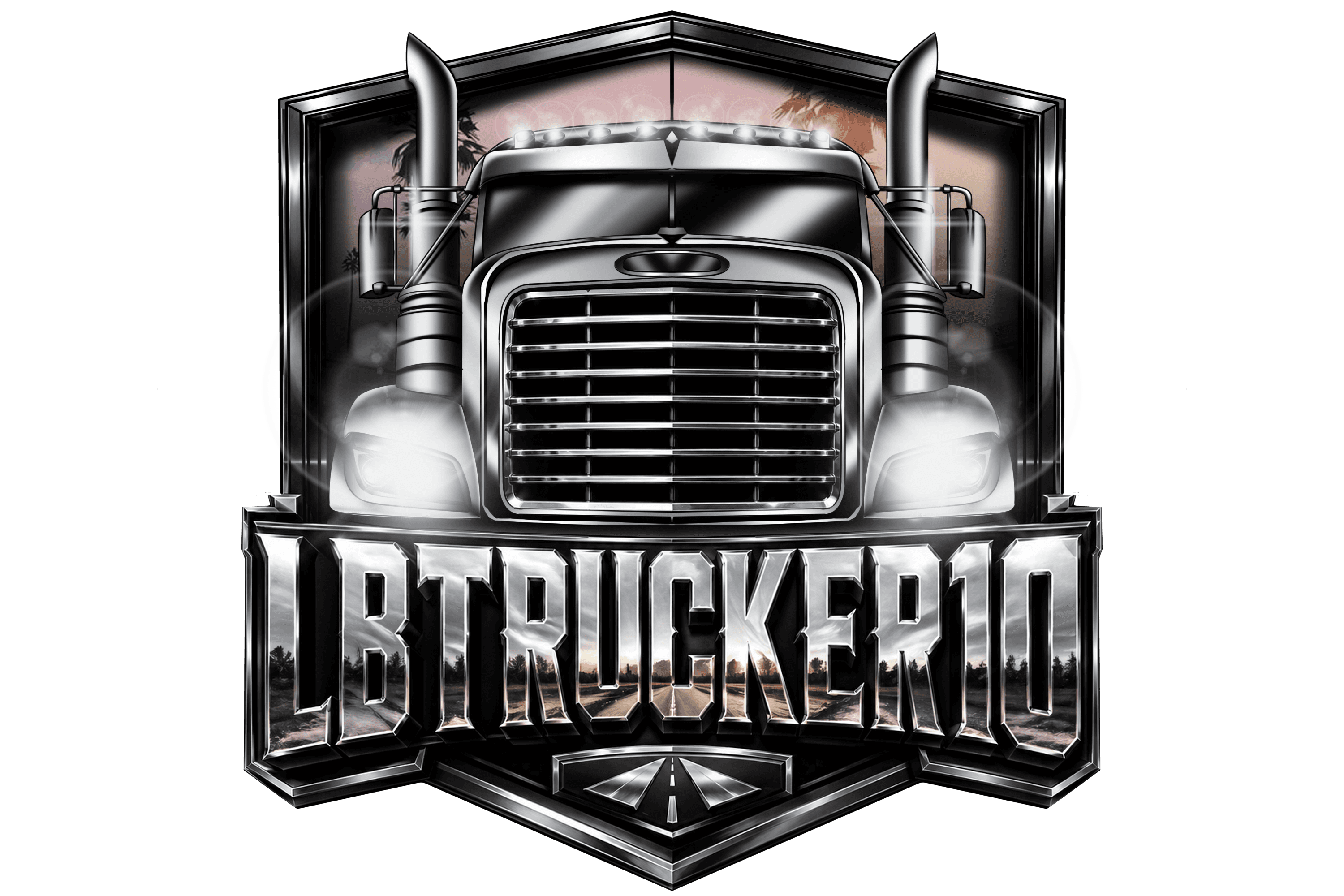 Chrome semi-truck grille badge with LBTrucker10 wordmark