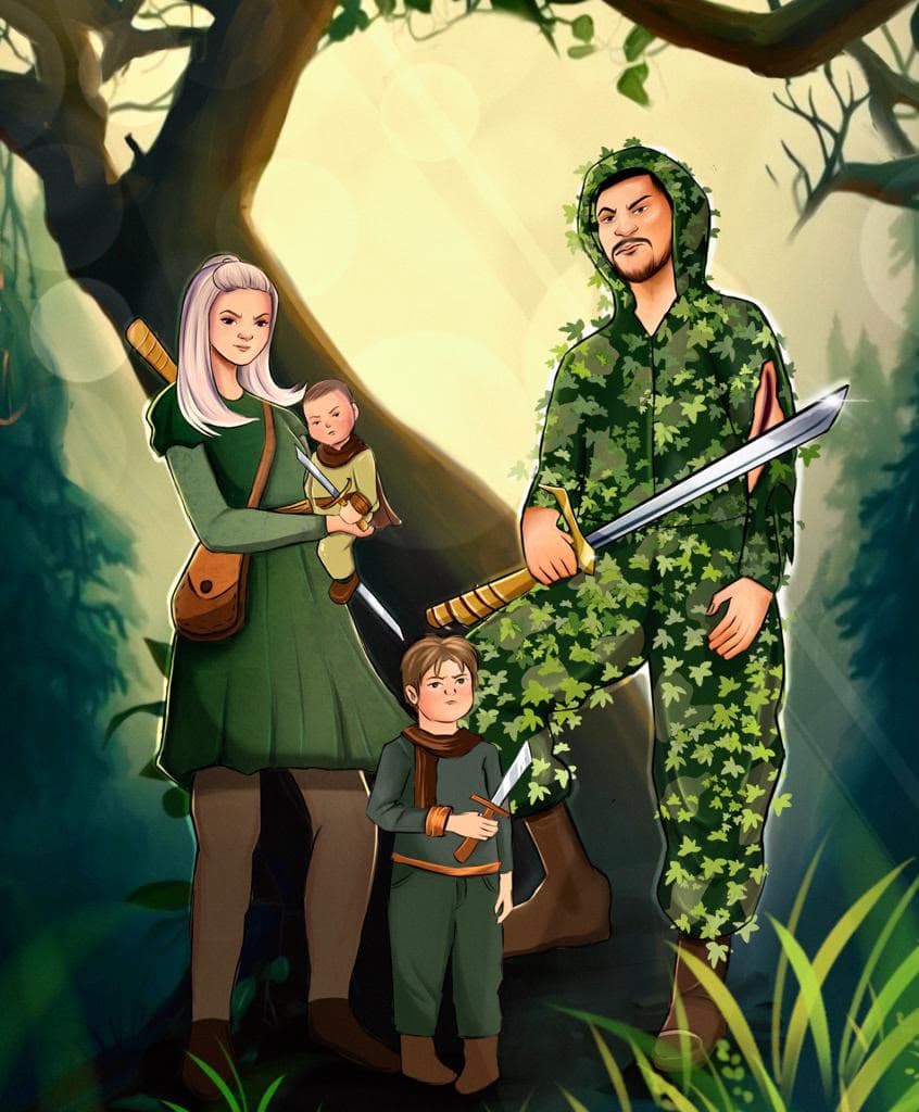 Fantasy illustration of a family of three adventurers holding swords together in a forest