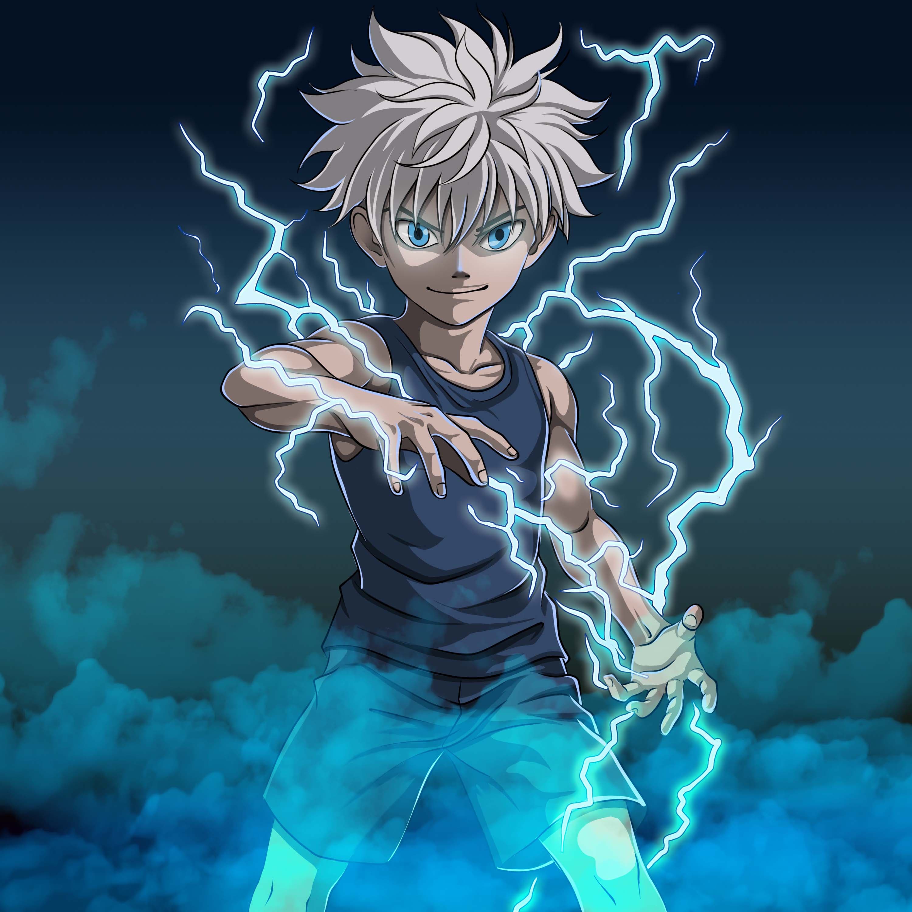 Digital characters featuring electric anime-inspired male character.