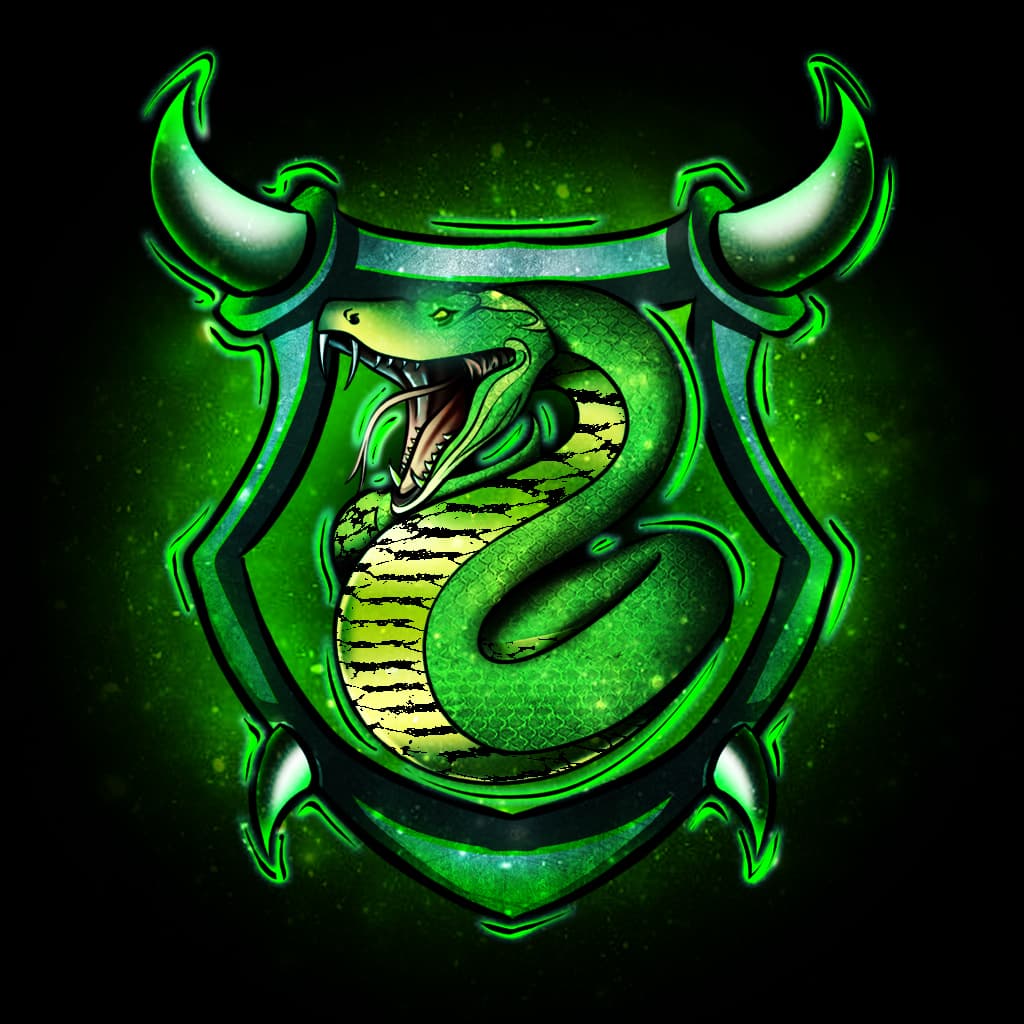 Glowing green snake crest logo design with a shield outline and horn motif on a dark background
