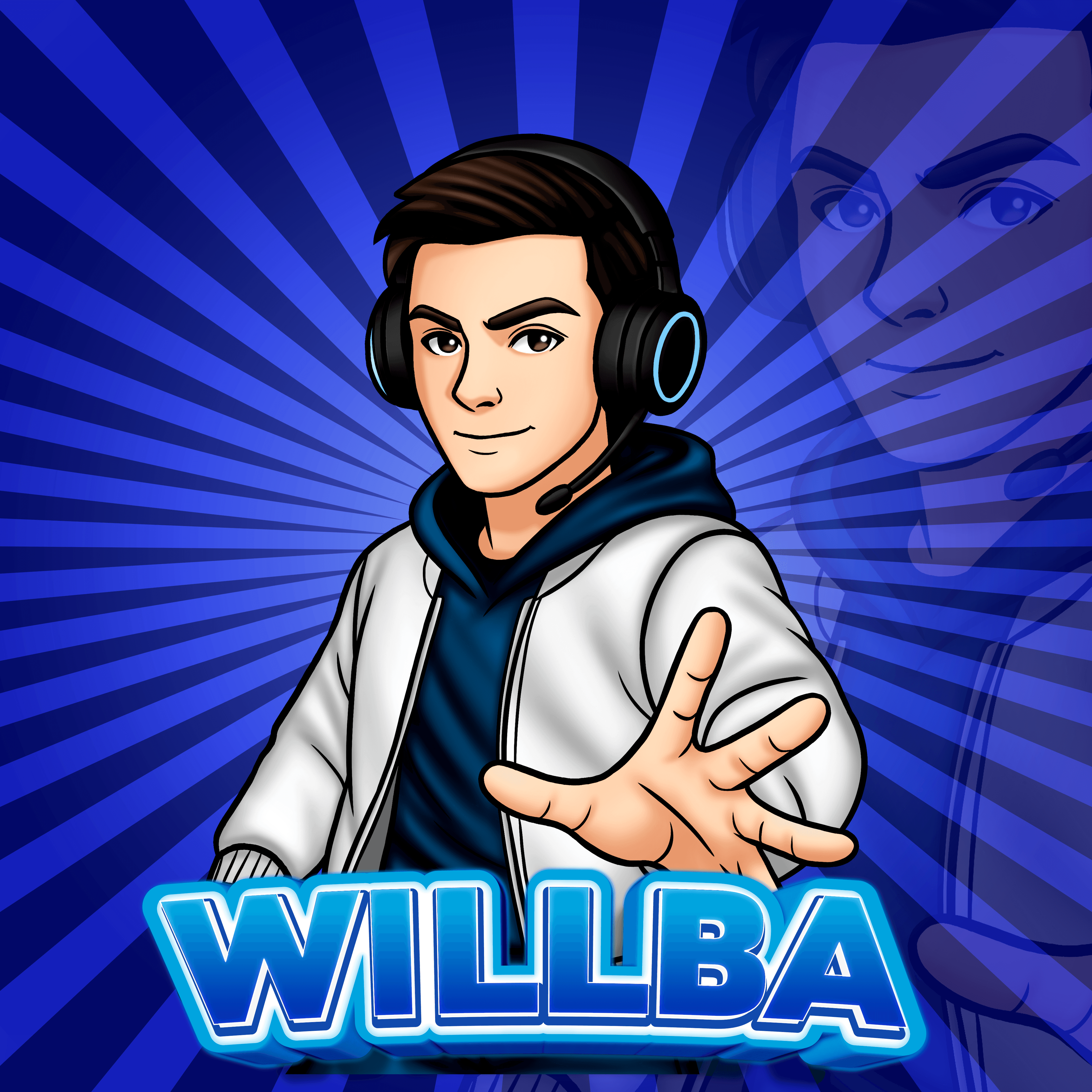 Willba streamer mascot waving, wearing a headset, blue starburst background