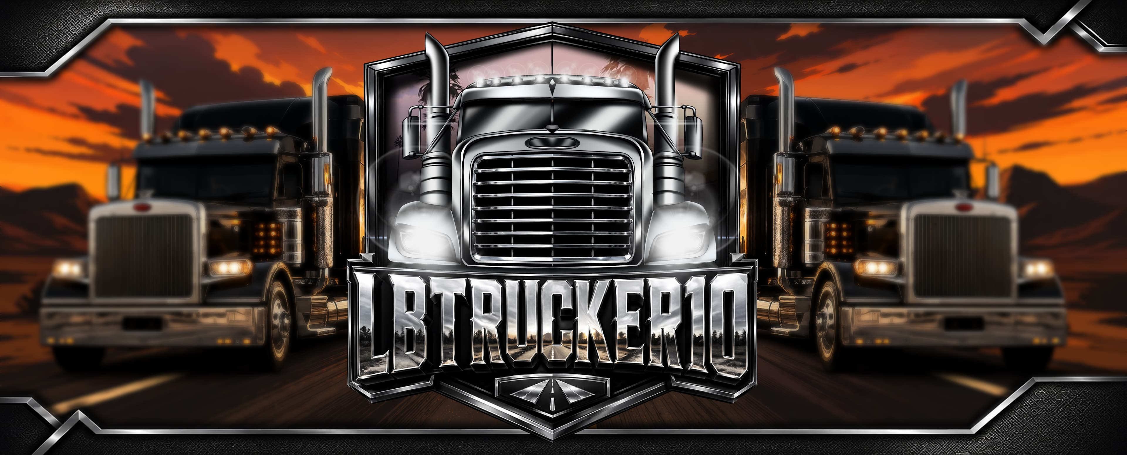 LBTrucker10 banner, twin semi-trucks on a desert highway at sunset