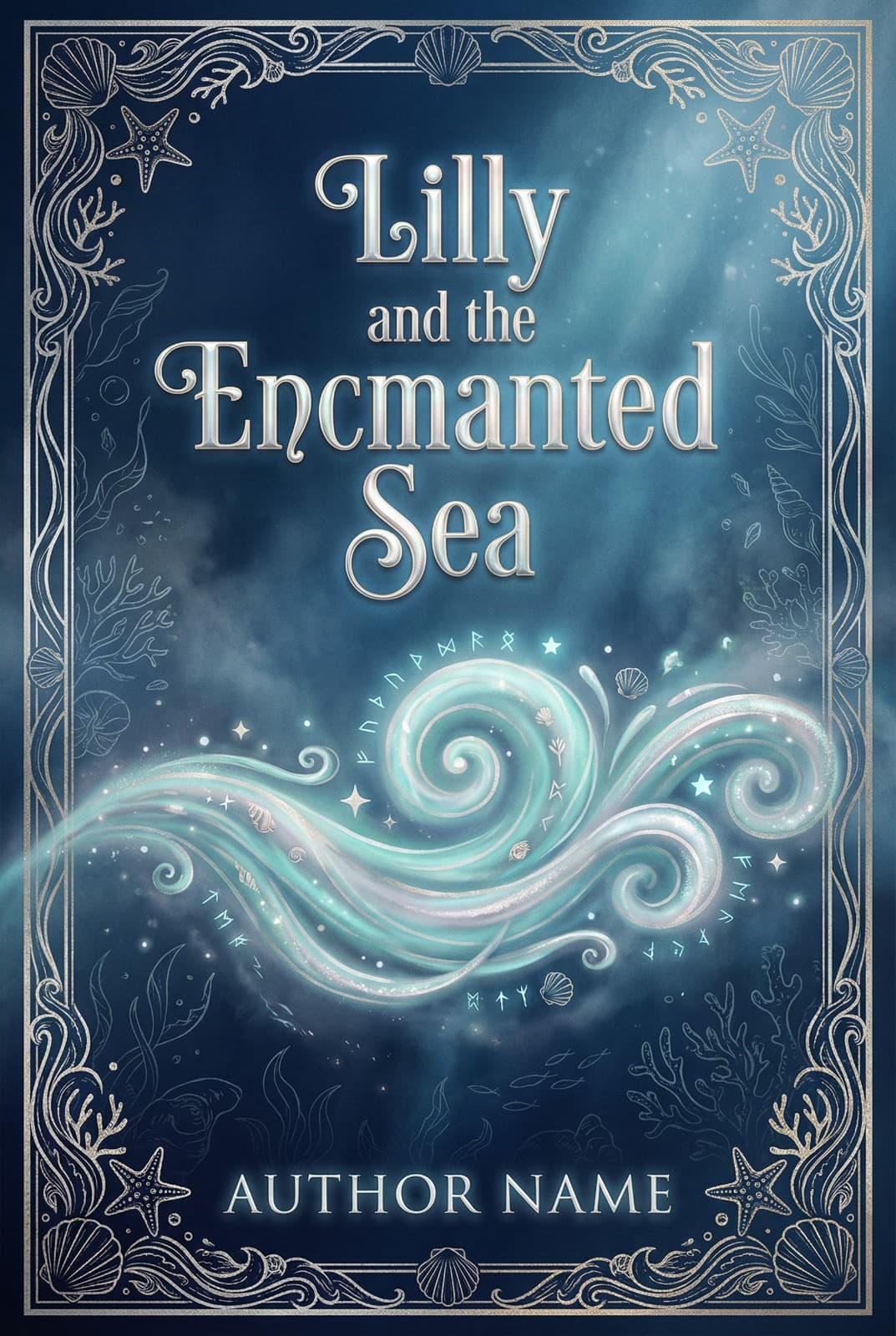 Blue whimsical book cover titled Lilly and the Enchanted Sea, framed with seashells and glowing ocean waves