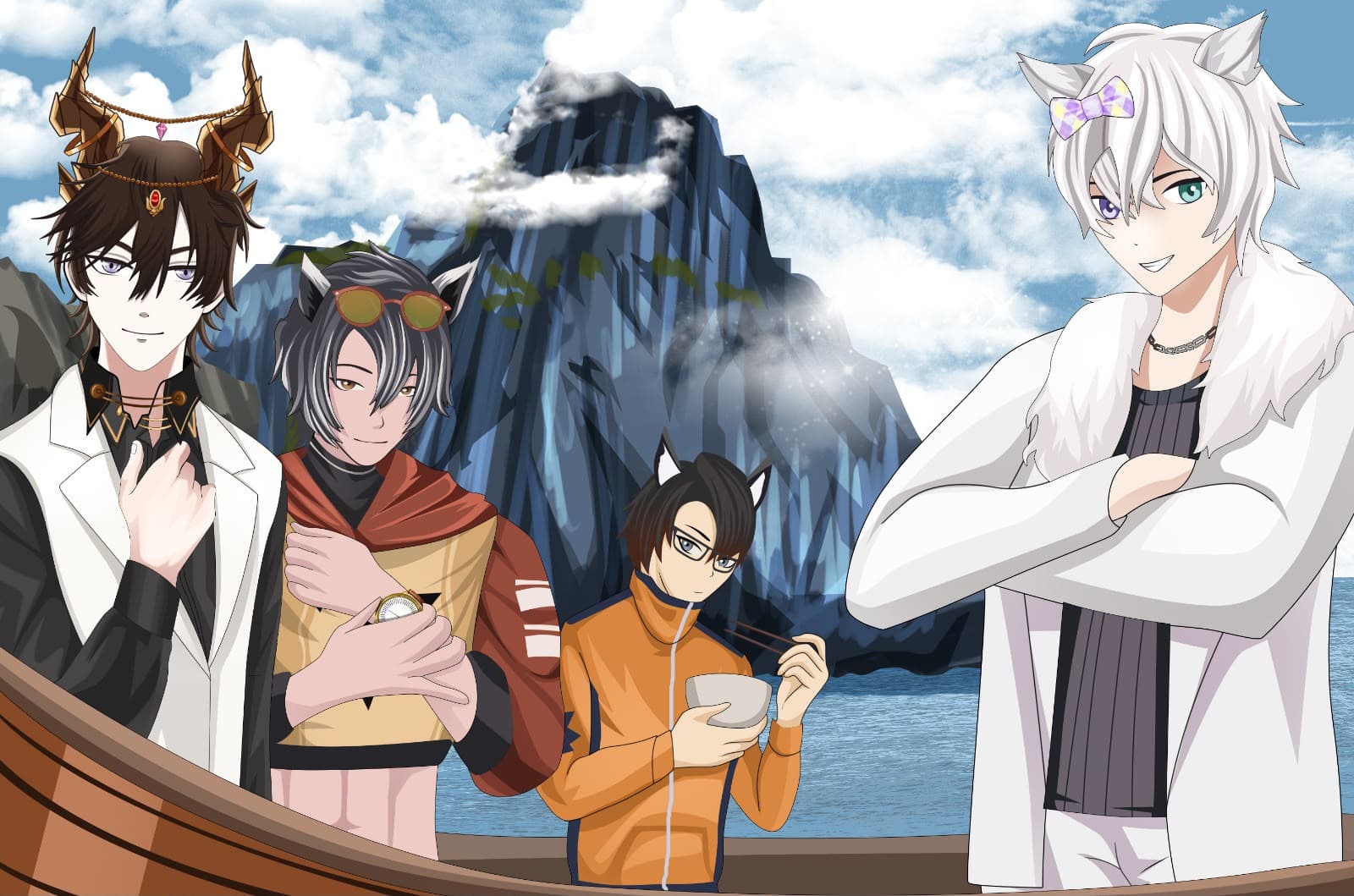 Anime-style illustration of four fantasy characters with horns and animal ears standing together on a boat
