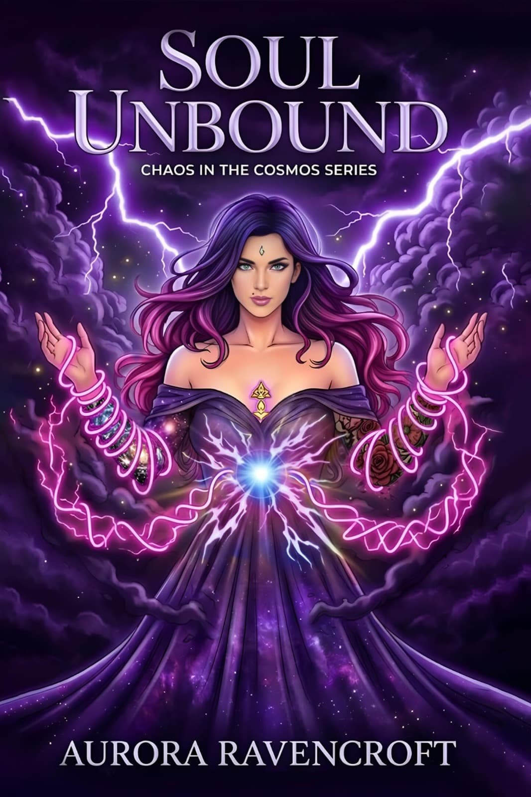 Purple cosmic fantasy book cover titled Soul Unbound, illustrated with a sorceress channeling lightning