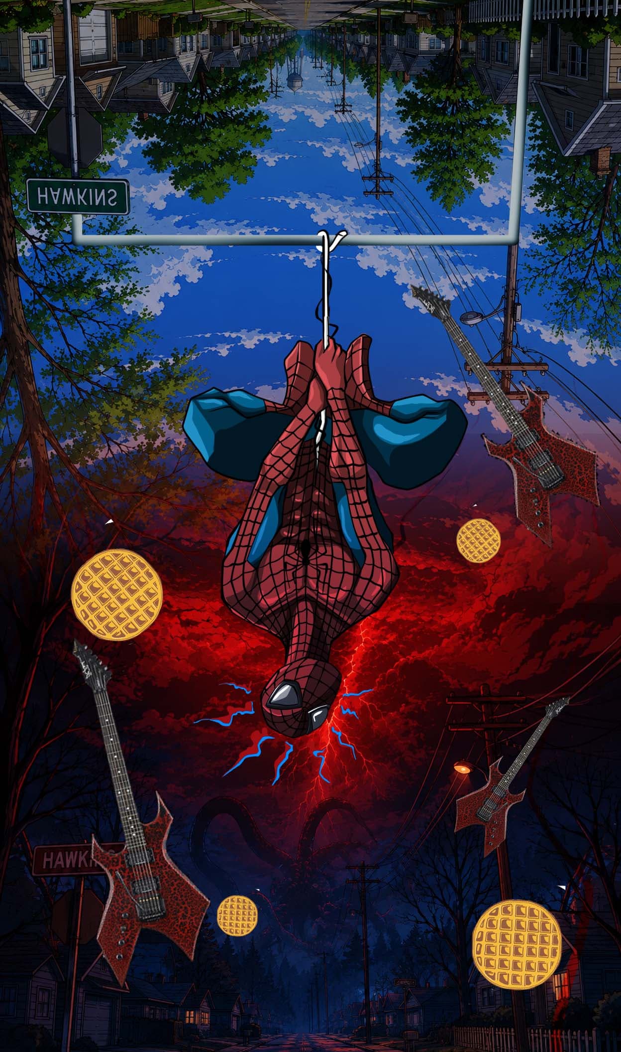 Fan art of a web-slinging superhero hanging upside down over a small town, Hawkins street sign, red sky