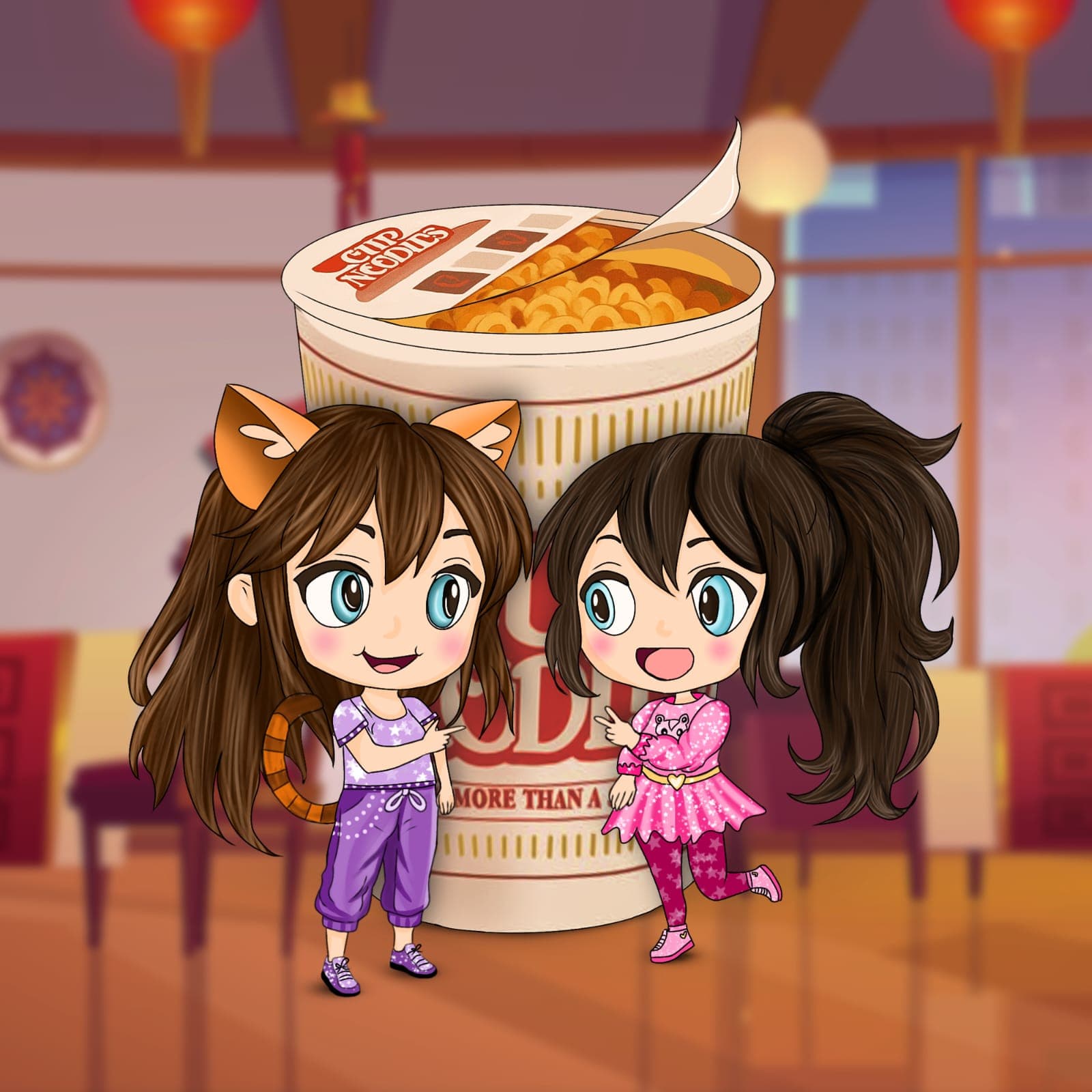 Digital characters featuring chibi character pair sharing a meal.