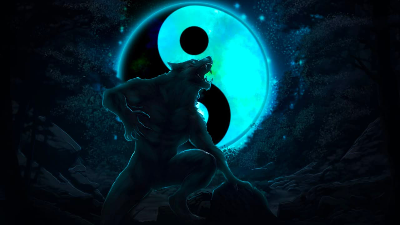 Silhouetted werewolf character illustration snarling in front of a glowing teal yin-yang moon