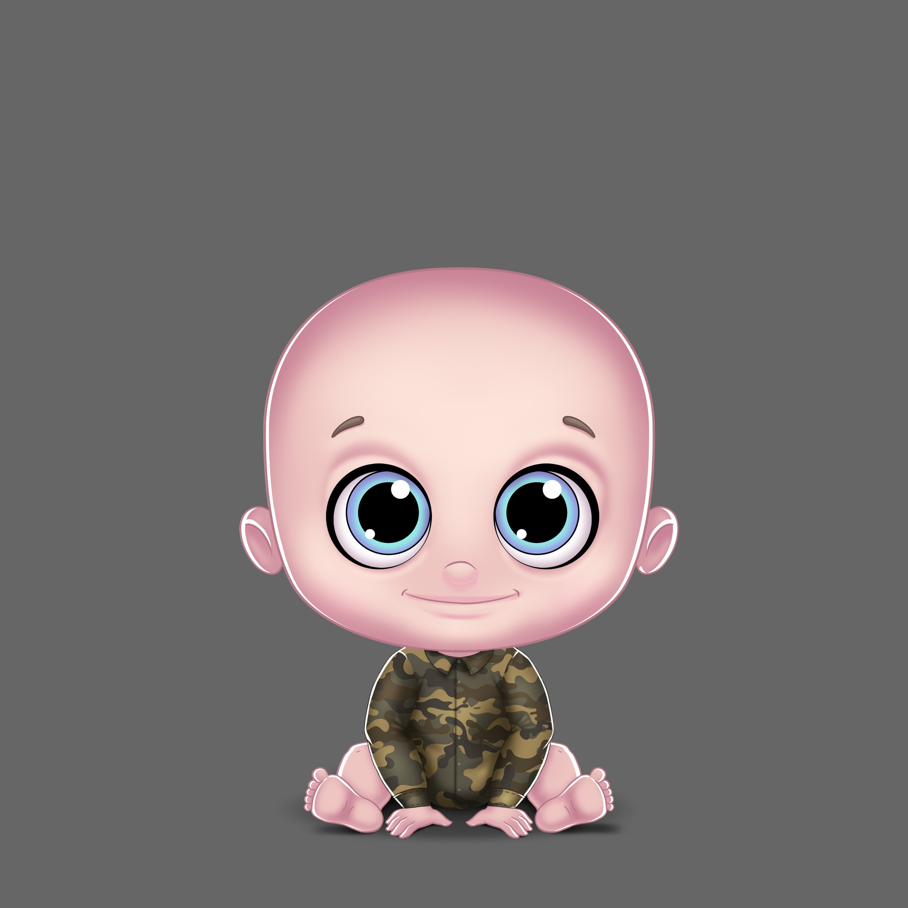 Digital 3d art featuring 3D baby character in camouflage outfit.