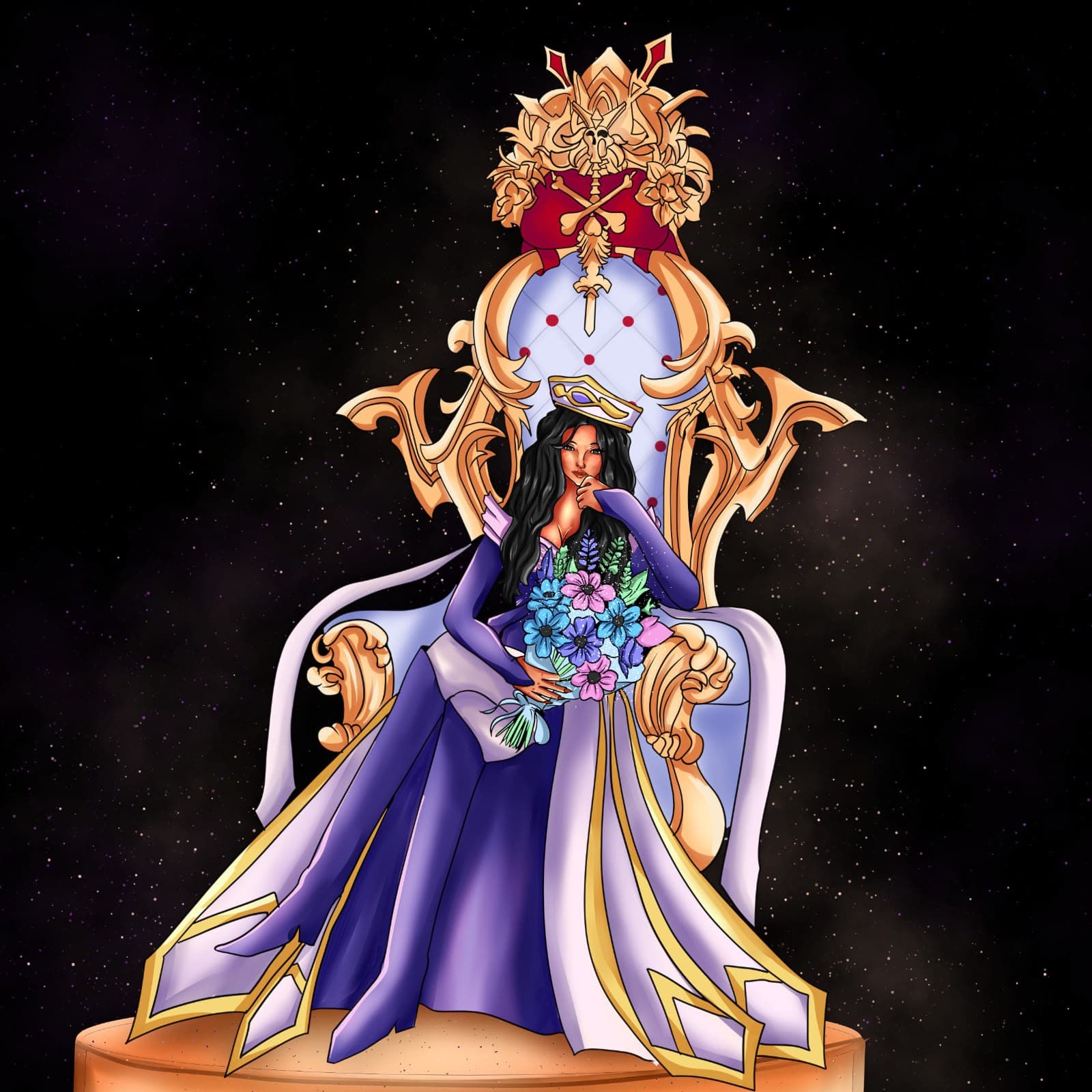 Fantasy character illustration of a queen in a purple gown seated on an ornate gold throne