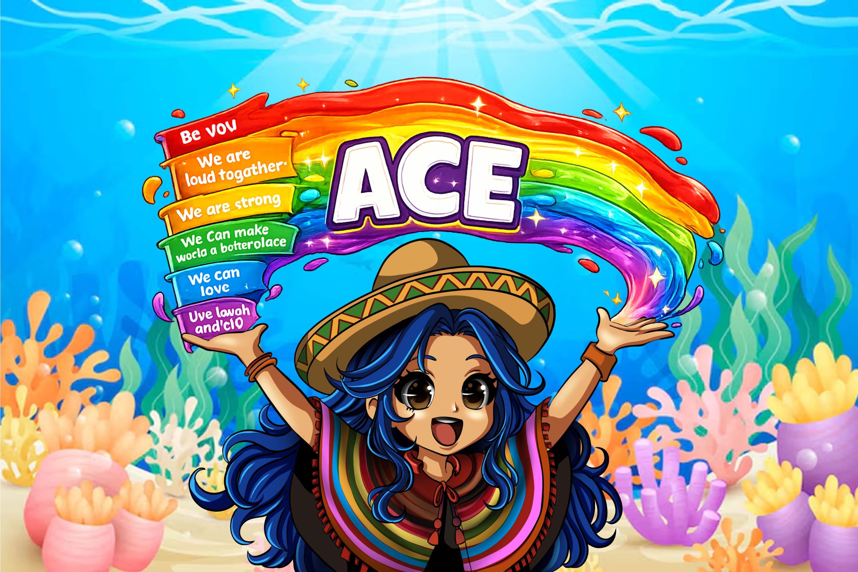 ACE banner, anime girl in a sombrero waving a rainbow ribbon underwater