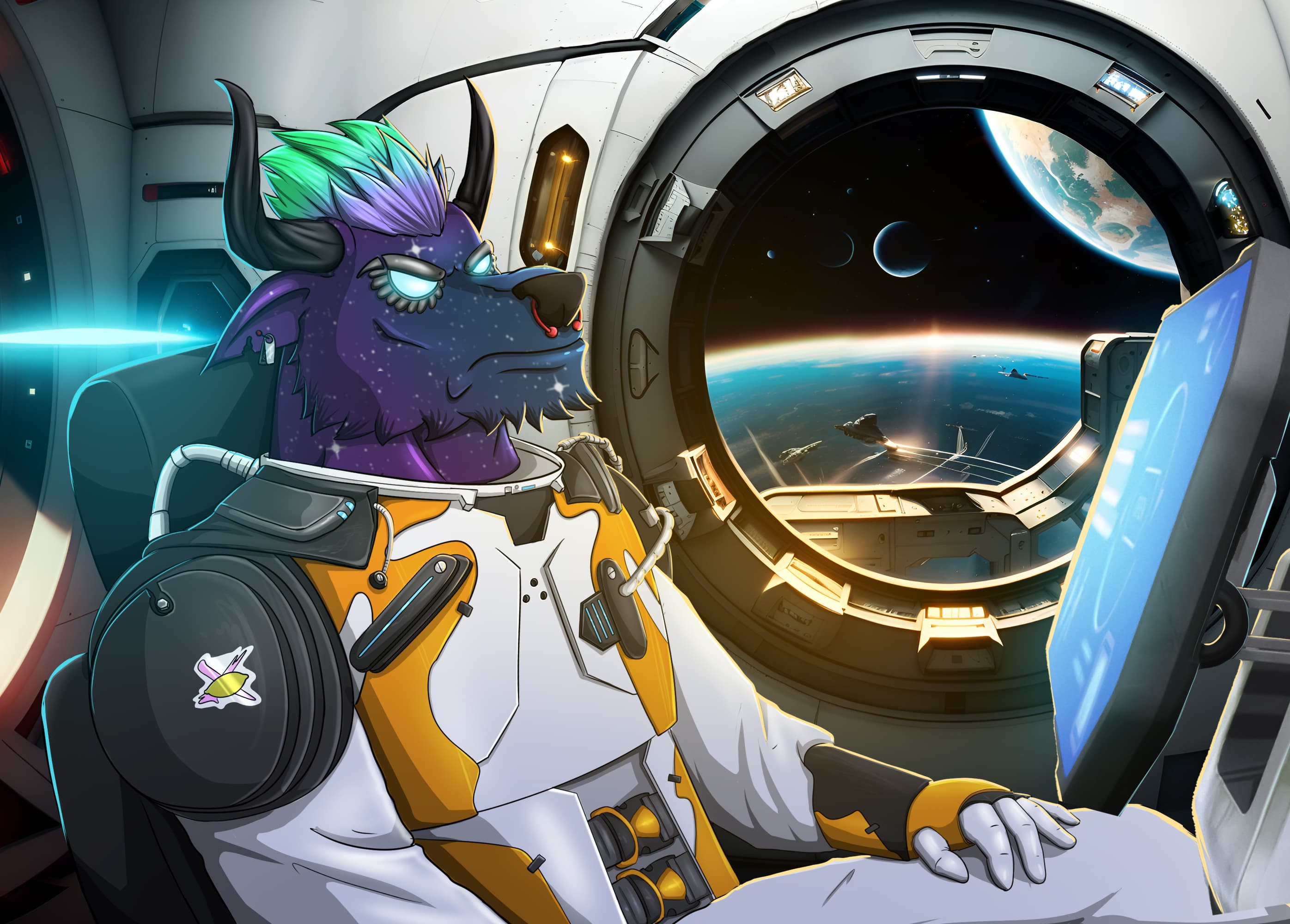 Digital characters featuring bull in spaceship.