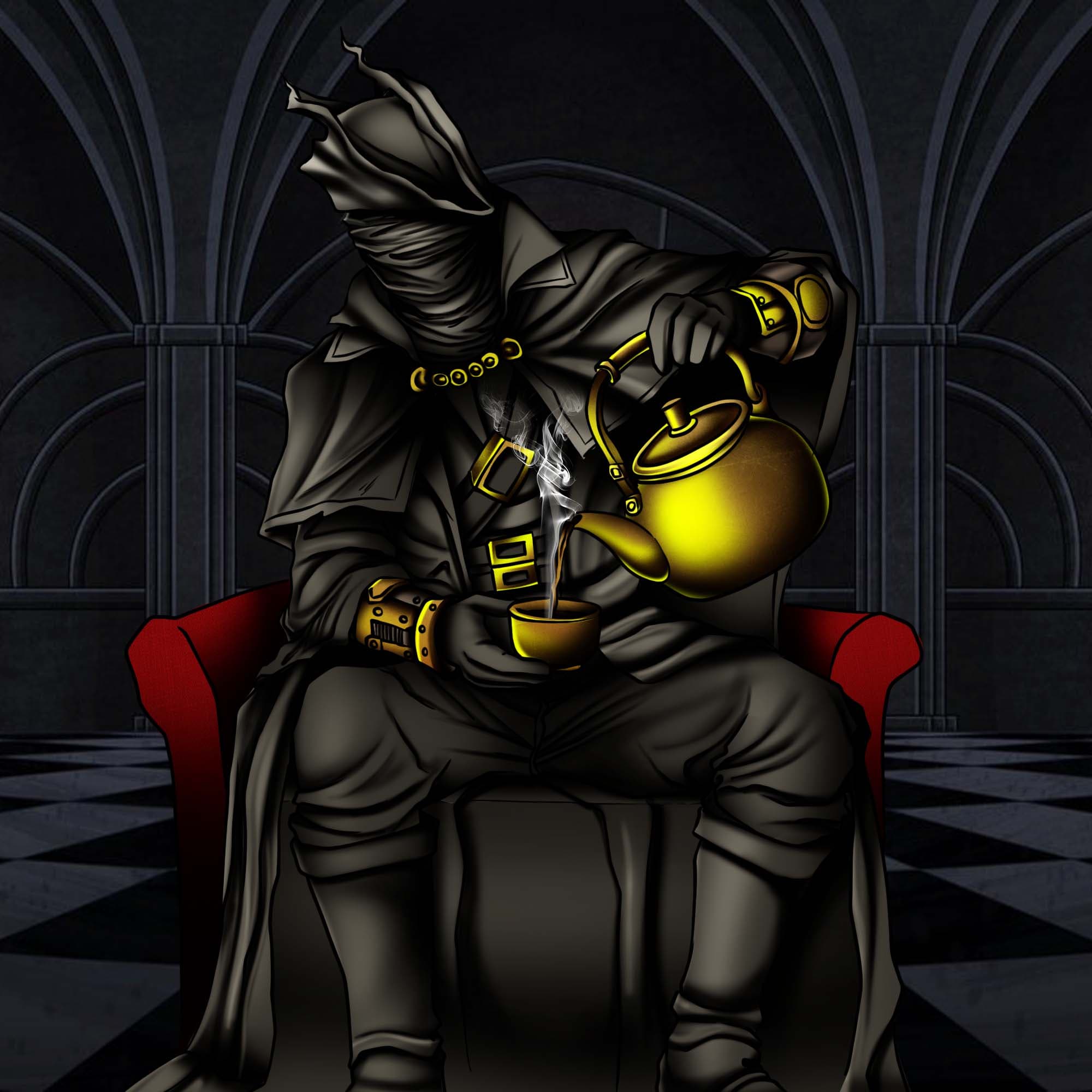 Hooded robed figure pouring tea from a gold kettle in a gothic hall
