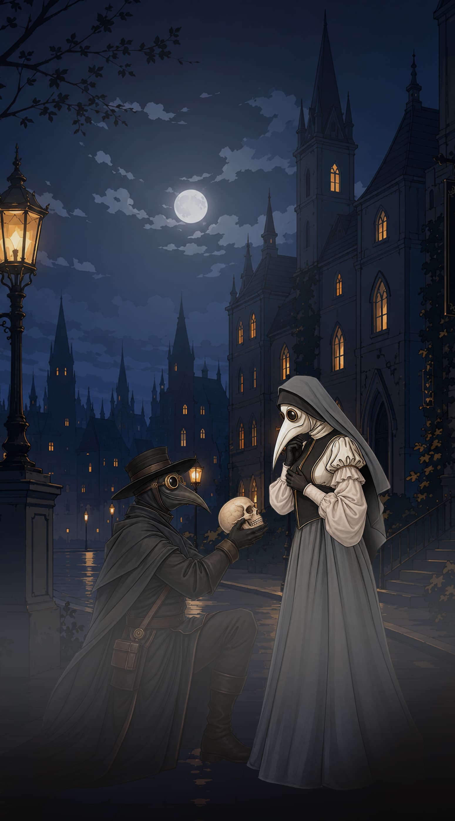 Gothic fantasy illustration of two plague doctor characters in masks and robes, one kneeling to offer a skull, under a full moon and gothic spires