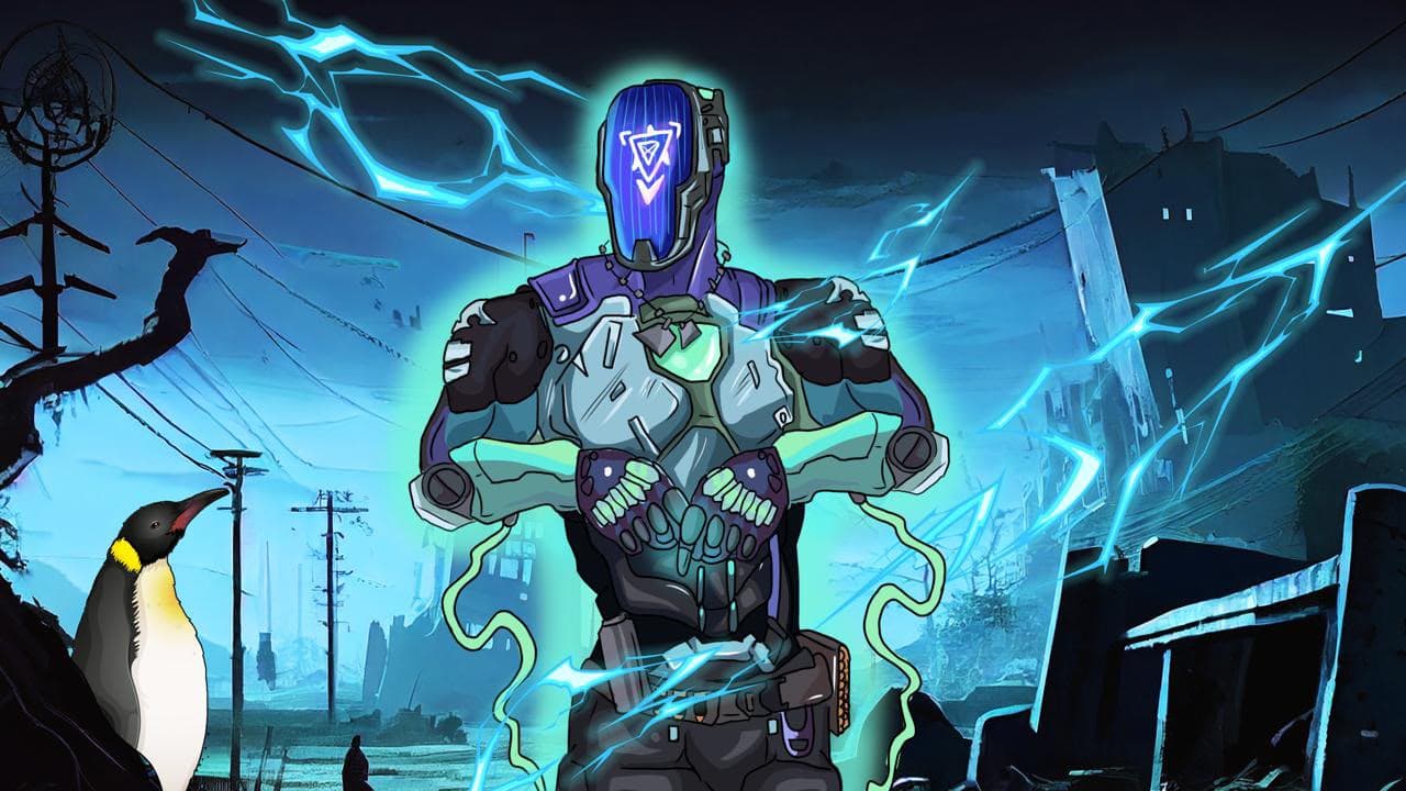 Armored sci-fi mecha character illustration glowing with blue energy in a ruined city, with a small penguin beside it