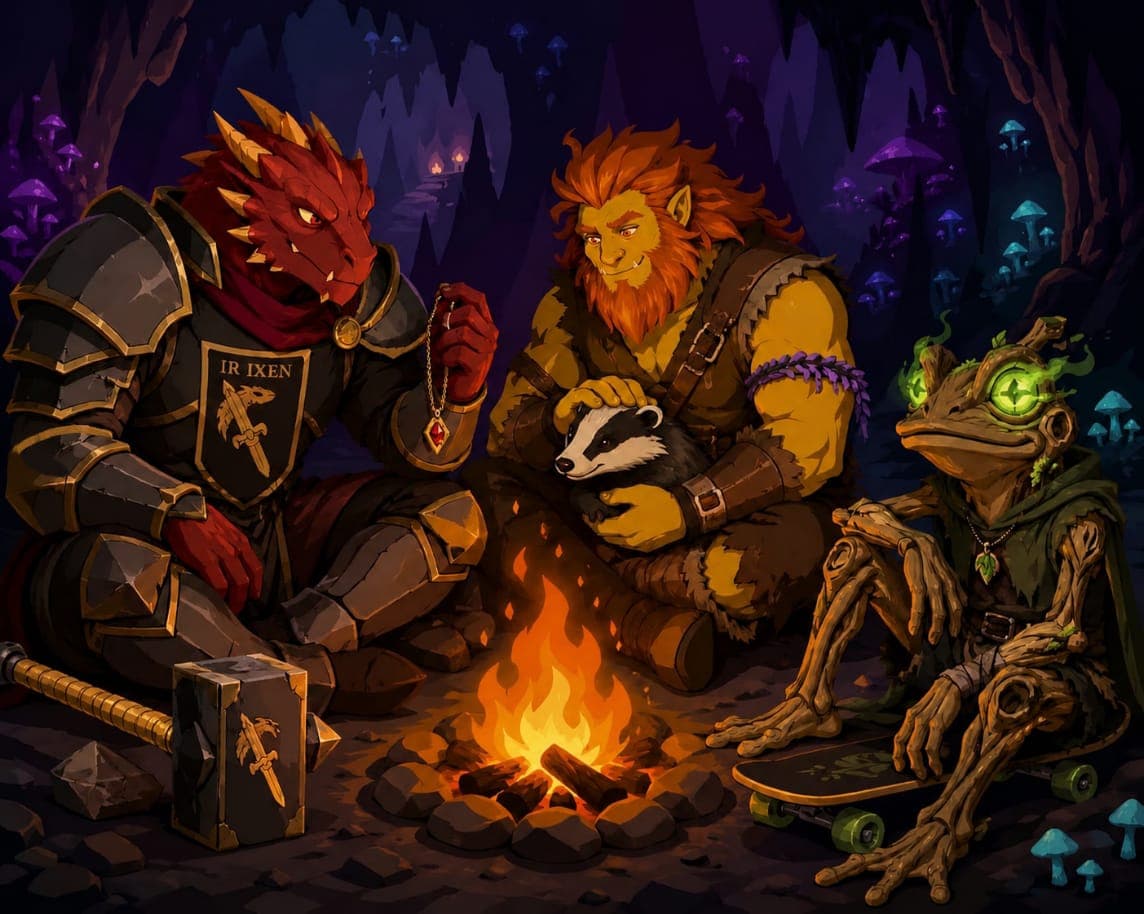 Illustration of two fantasy characters resting by a campfire.