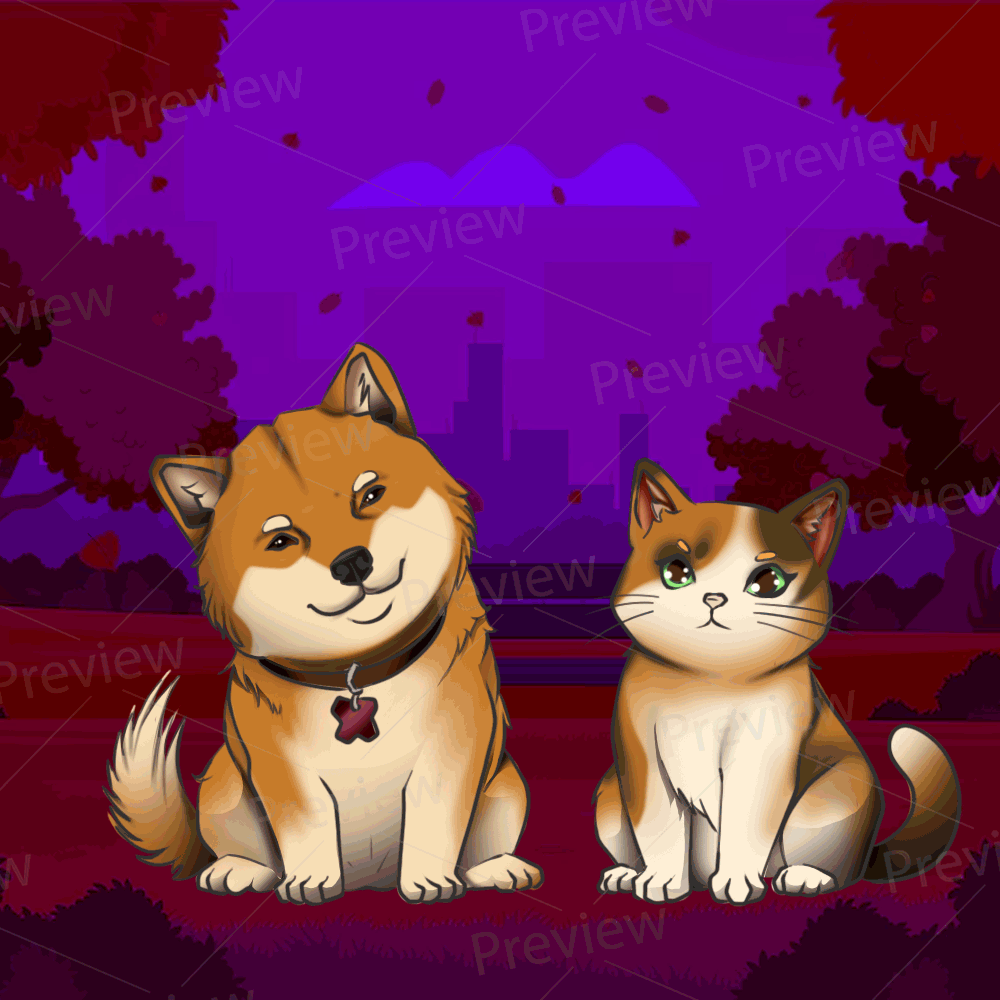 Animated GIF illustration of a cartoon dog and cat sitting together at dusk.